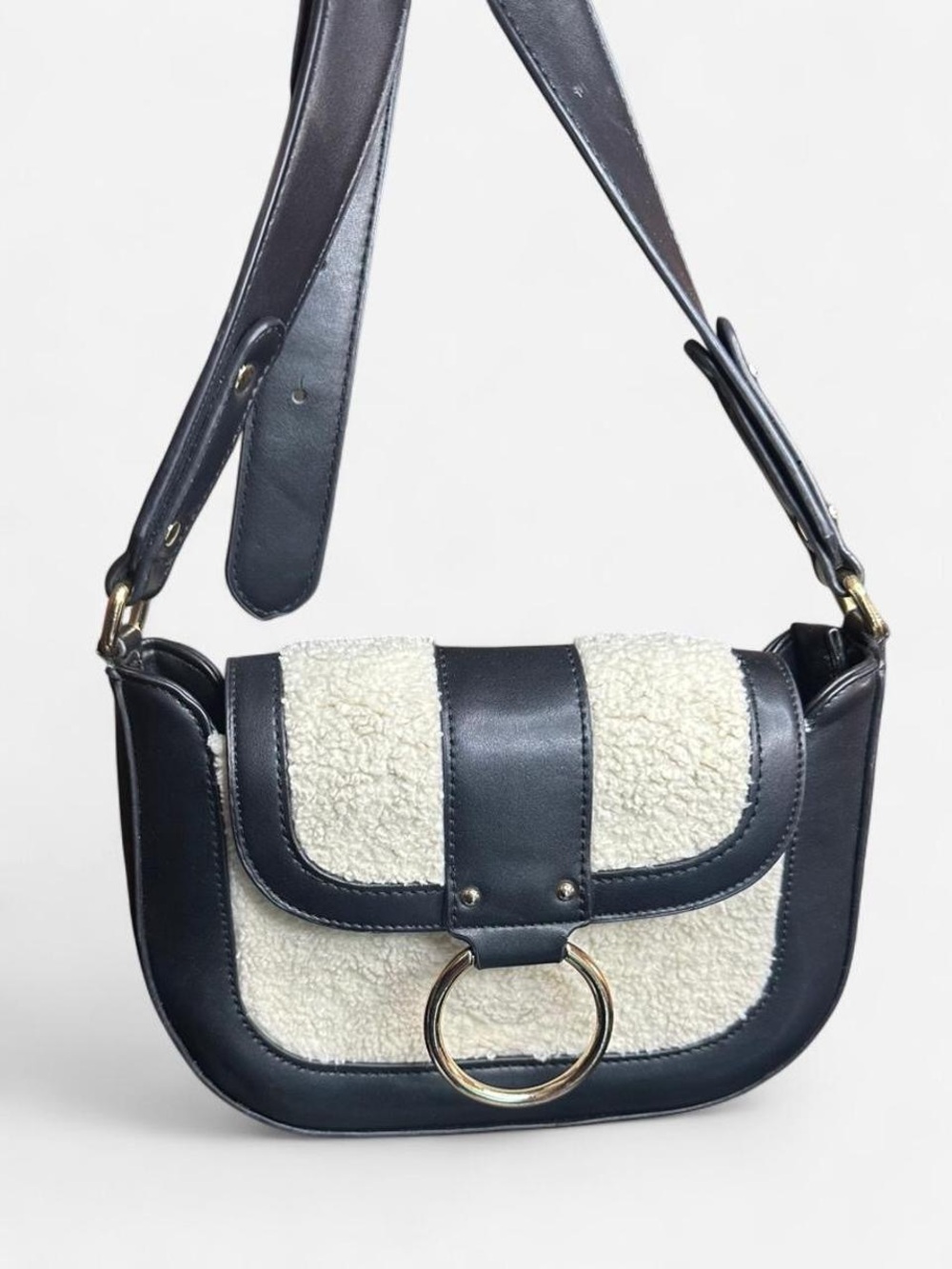 Antik Kraft Black and Cream Crossbody Bag with Gold Ring Detail